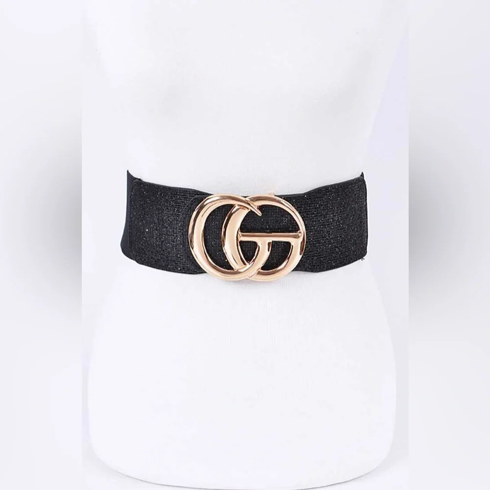 Black Oversized Metal Buckle Accented Elastic Statement Belt